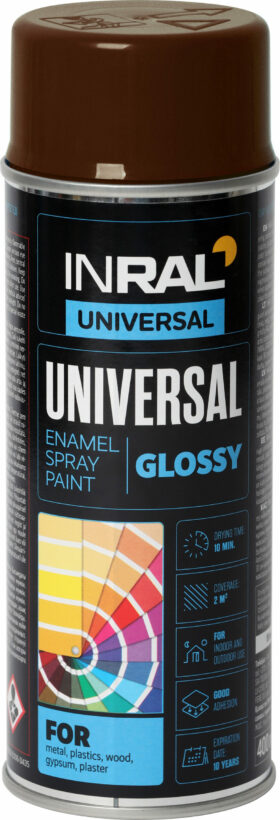 INRAL Aerozoliniai dažai UNIVERSAL, raudonmedžio ruda, blizgi